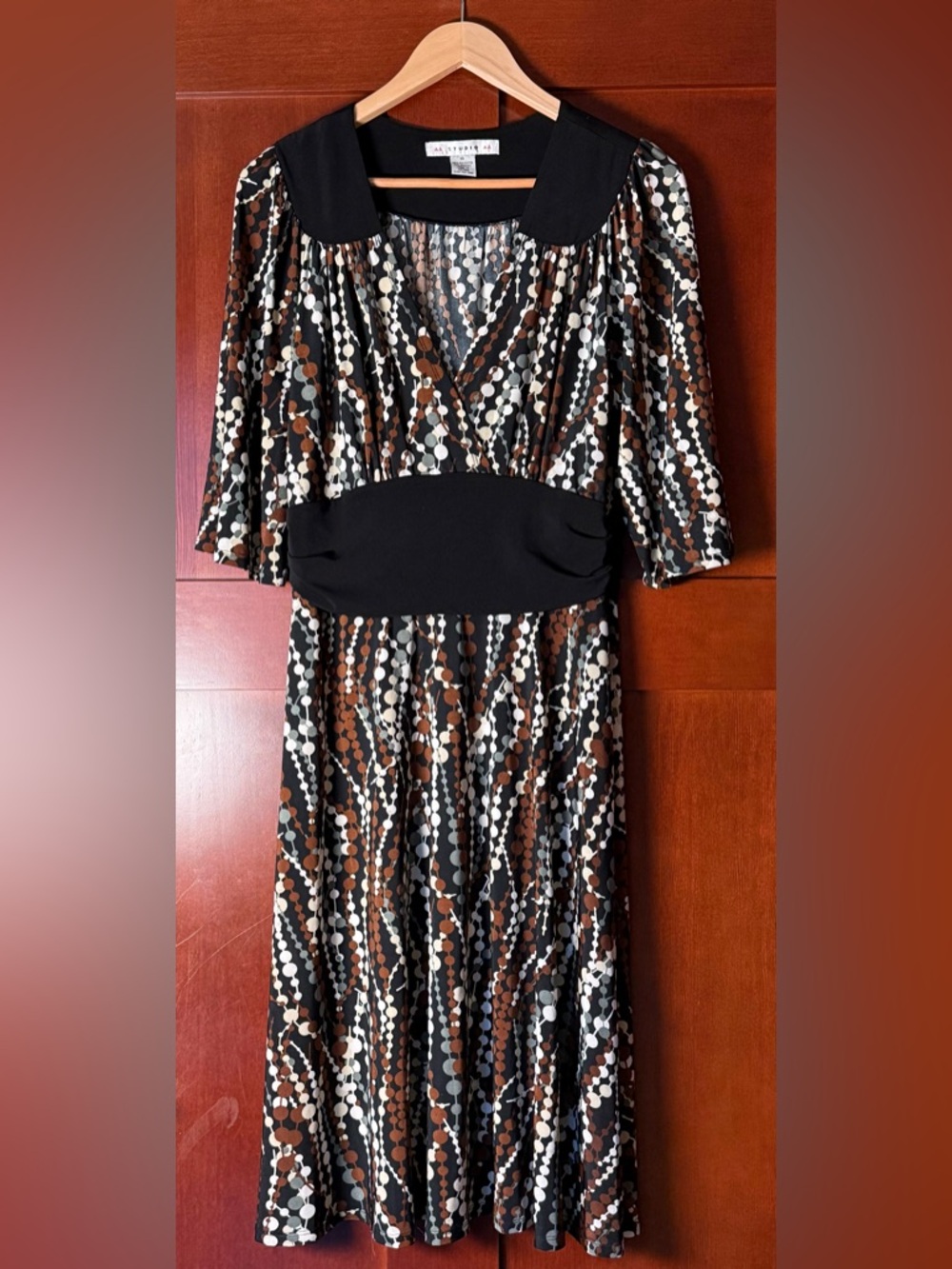Aa Studio Y2K Dot Link Dress in Black, Brown & Cream With Ruched Waist Size 14